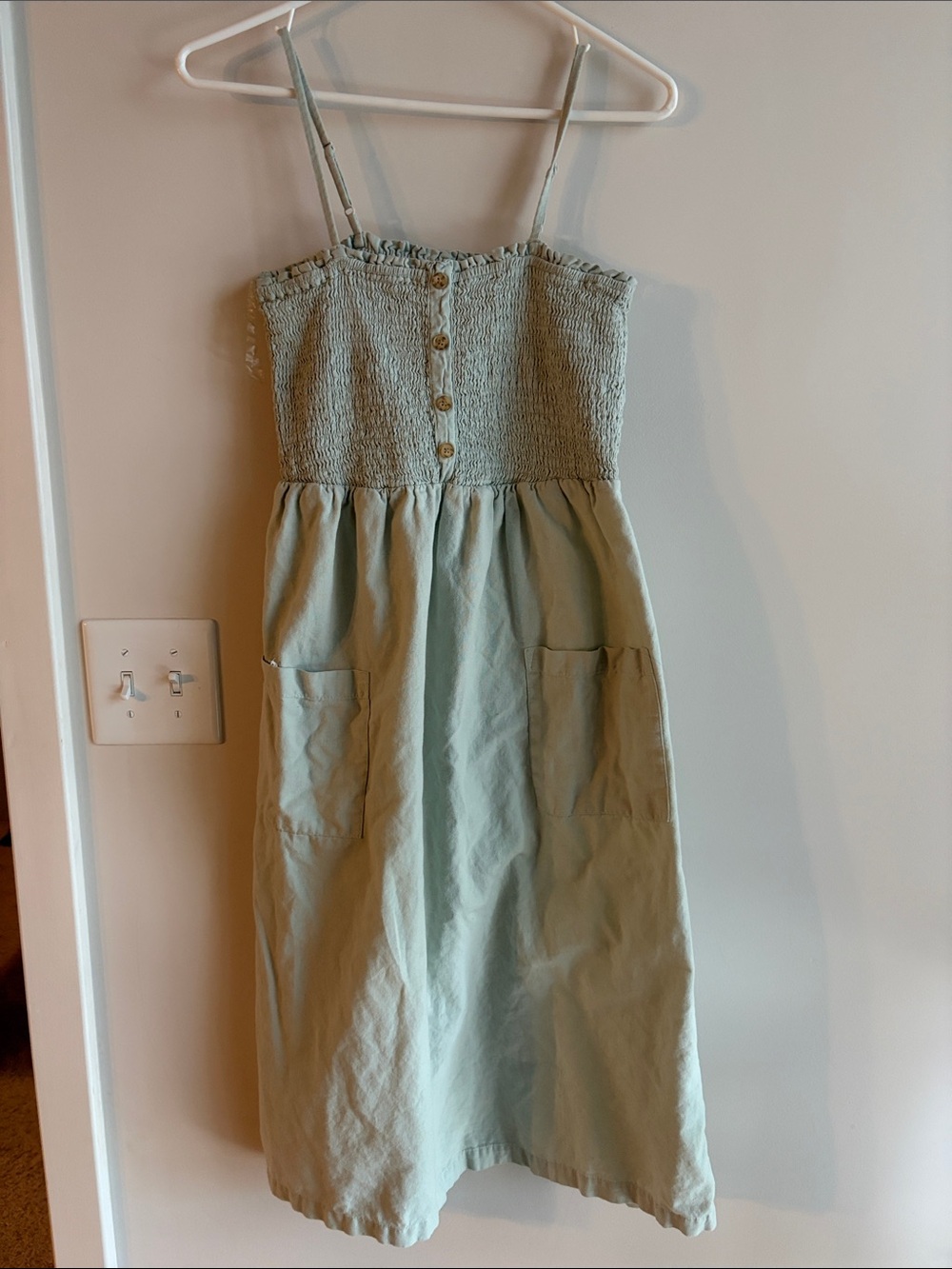 Smocked Bodice Sage Green Midi Dress with Pockets